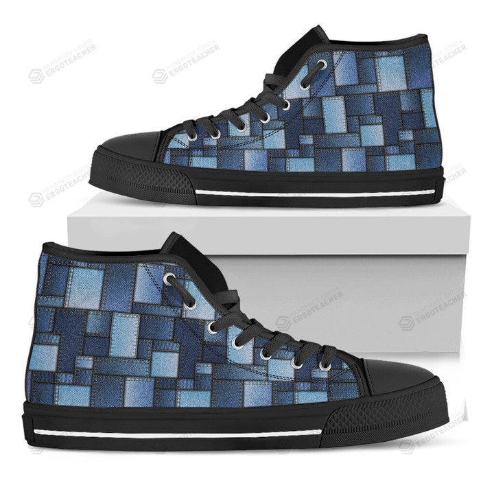 Blue Denim Patchwork Pattern Print Black High Top Shoes