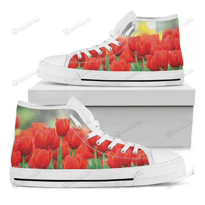 Red Tulip Print White High Top Shoes For Men And Women