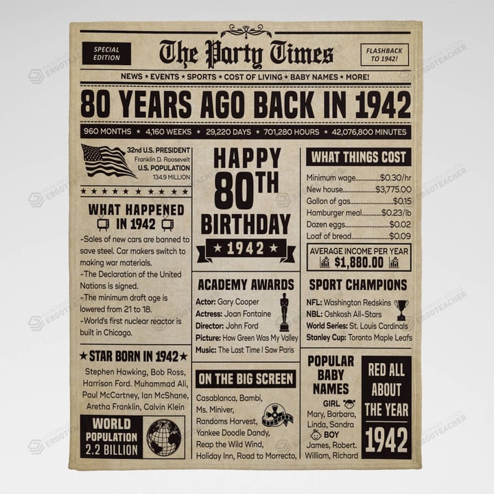 80 Years Old Back In 1942 Blanket, 80th Birthday Gifts For Men Women, Birthday Blanket For Men Woman, Birthday Blanket