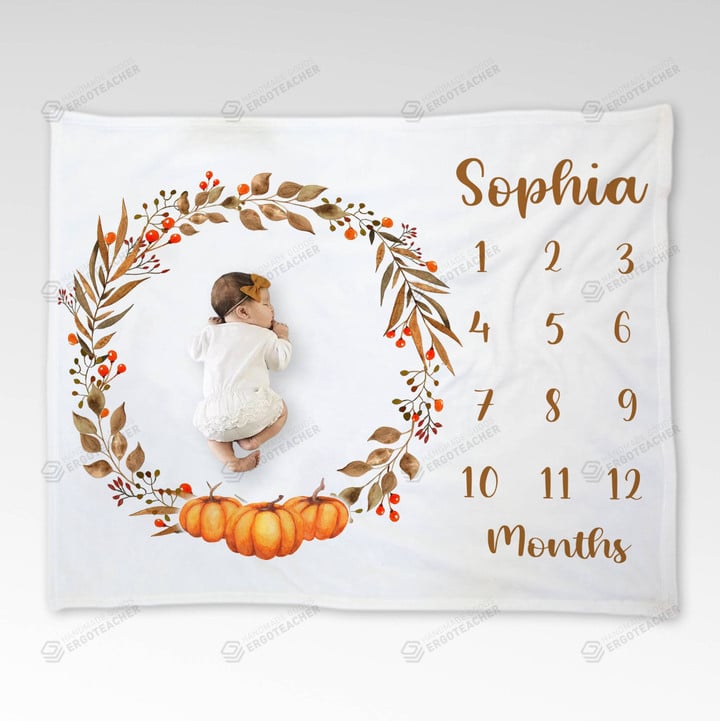 Personalized Baby Monthly Milestone Blanket, Halloween Pumpkin Leaves Wreath Blanket For Newborn, Halloween Milestone Gifts, Gifts For New Mom