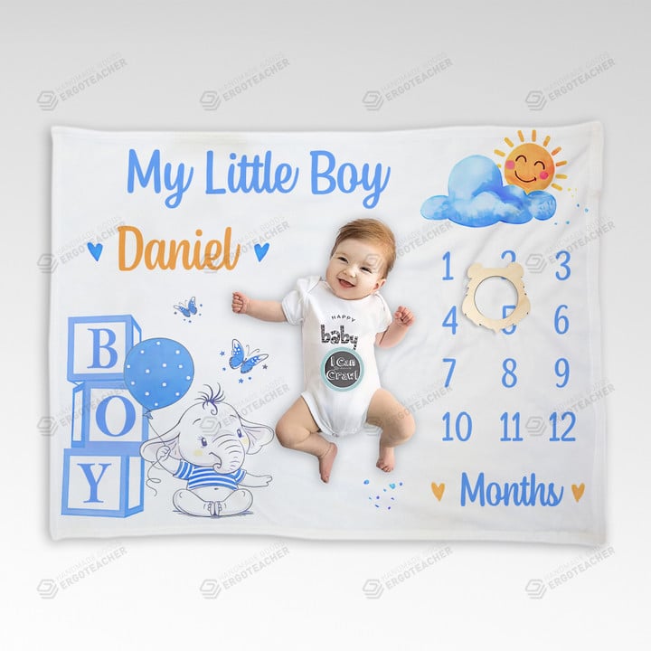 Custom Baby Elephant Monthly Milestone Blanket, Custom Baby Name Blanket For Newborn, Birthday Gifts For Baby Boy Girl, Baby Birthday Blanket, Baby Calendar Blanket