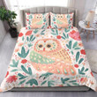 Pink Owl Leaf Pattern White Bed Sheets Spread Duvet Cover Bedding Set