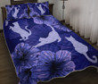 Cat With Hibiscus Blue Quilt Bed Set