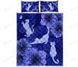 Cat With Hibiscus Blue Quilt Bed Set