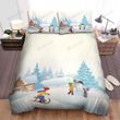 Children Playing Near The Christmas Tree At Snowy Place Bed Sheets Spread Duvet Cover Bedding Sets