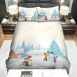 Children Playing Near The Christmas Tree At Snowy Place Bed Sheets Spread Duvet Cover Bedding Sets