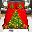Red Snowflakes Falling Beside Christmas Tree Bed Sheets Spread Duvet Cover Bedding Sets