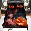 Halloween, Witch, Staying At Home With Cat Bed Sheets Spread Duvet Cover Bedding Sets