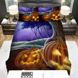 Halloween Owl, Looking At Pair Of Pumpkins Faces Bed Sheets Spread Duvet Cover Bedding Sets