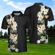 Black Golf Player Hibiscus Pattern Polo Shirt