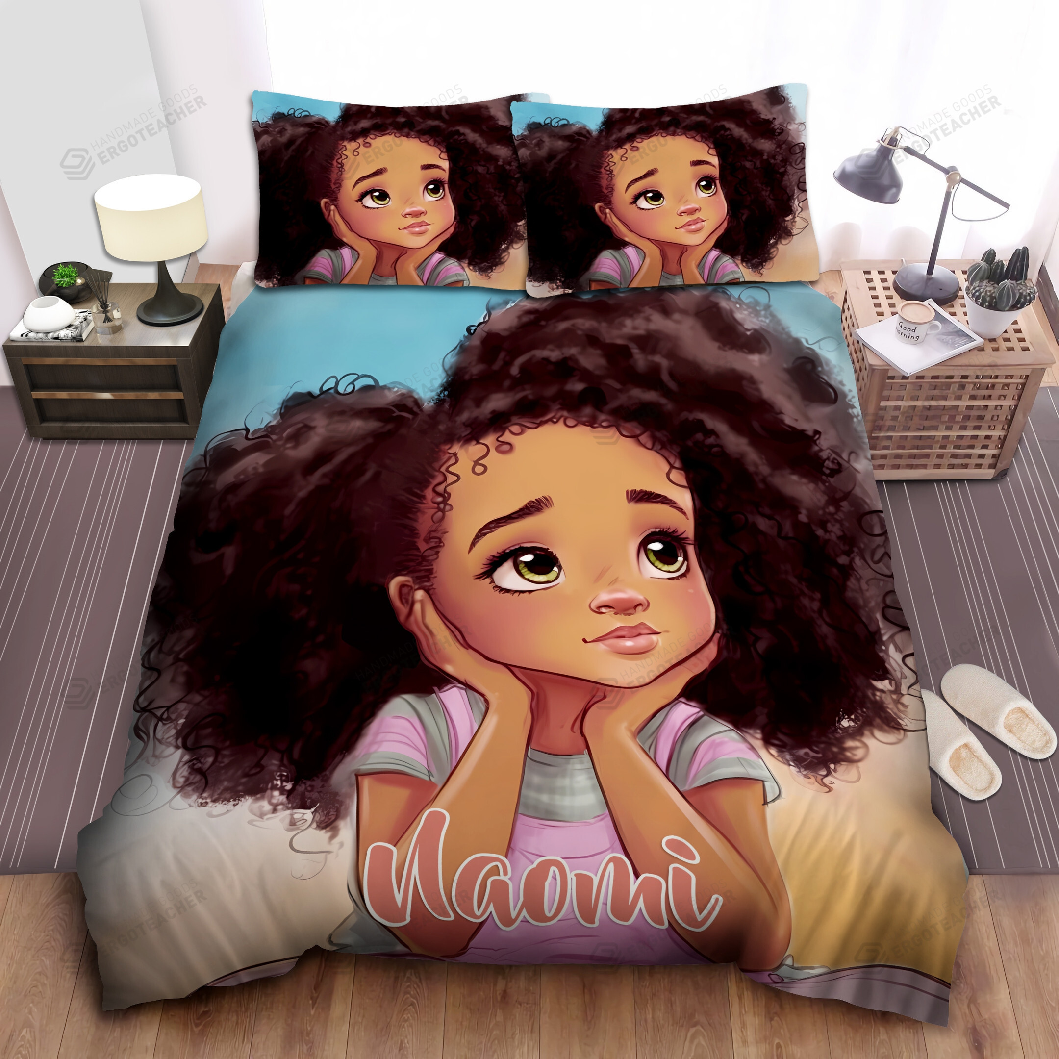 Personalized Cute Big Hair Black Little Girl Duvet Cover Bedding Set