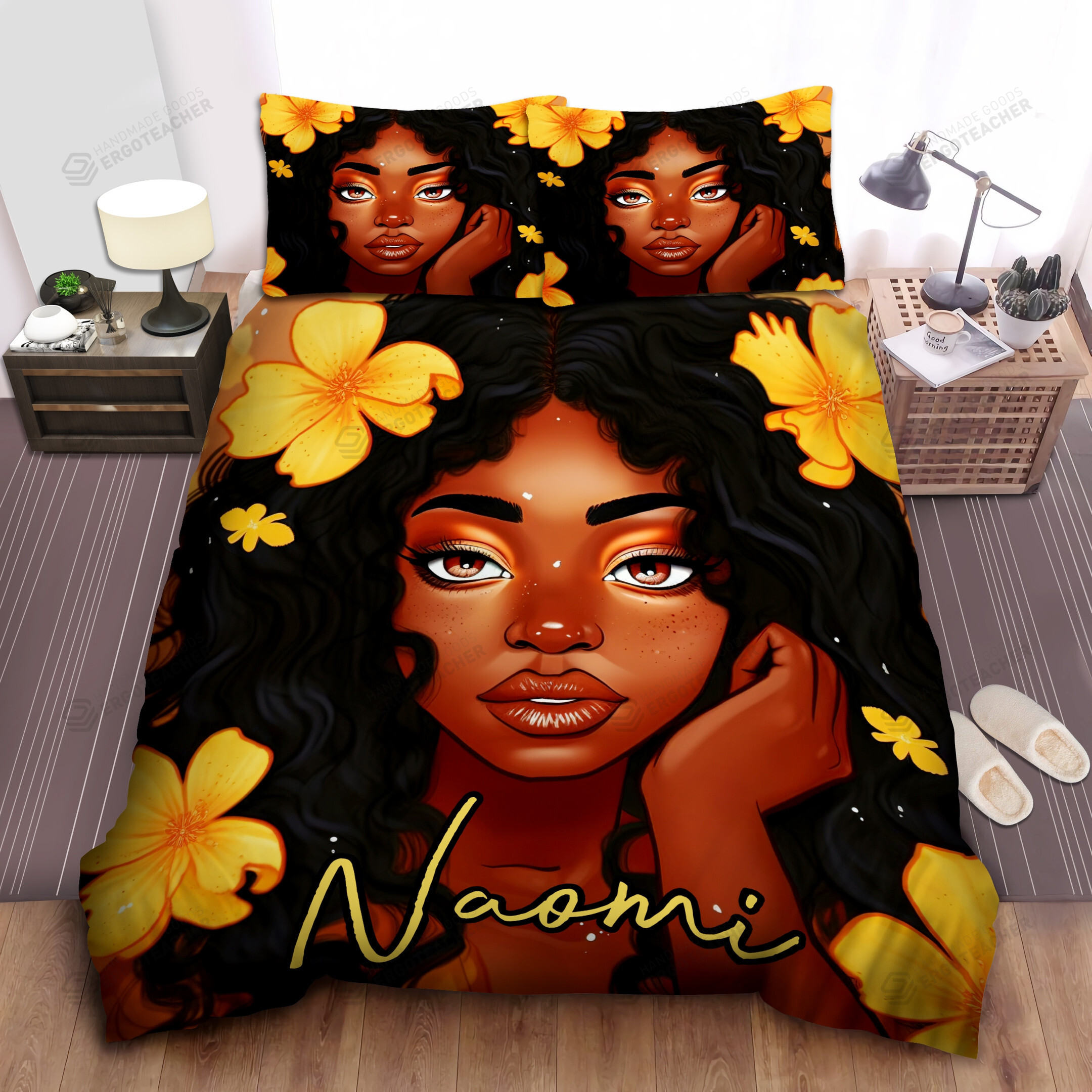 Personalized Black Girl Yellow Flower Duvet Cover Bedding Set
