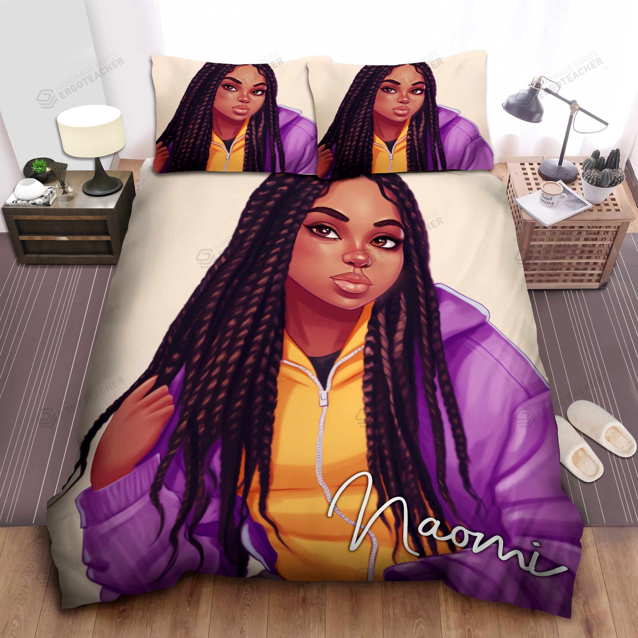 Personalized Black Girl Long Hair Duvet Cover Bedding Set