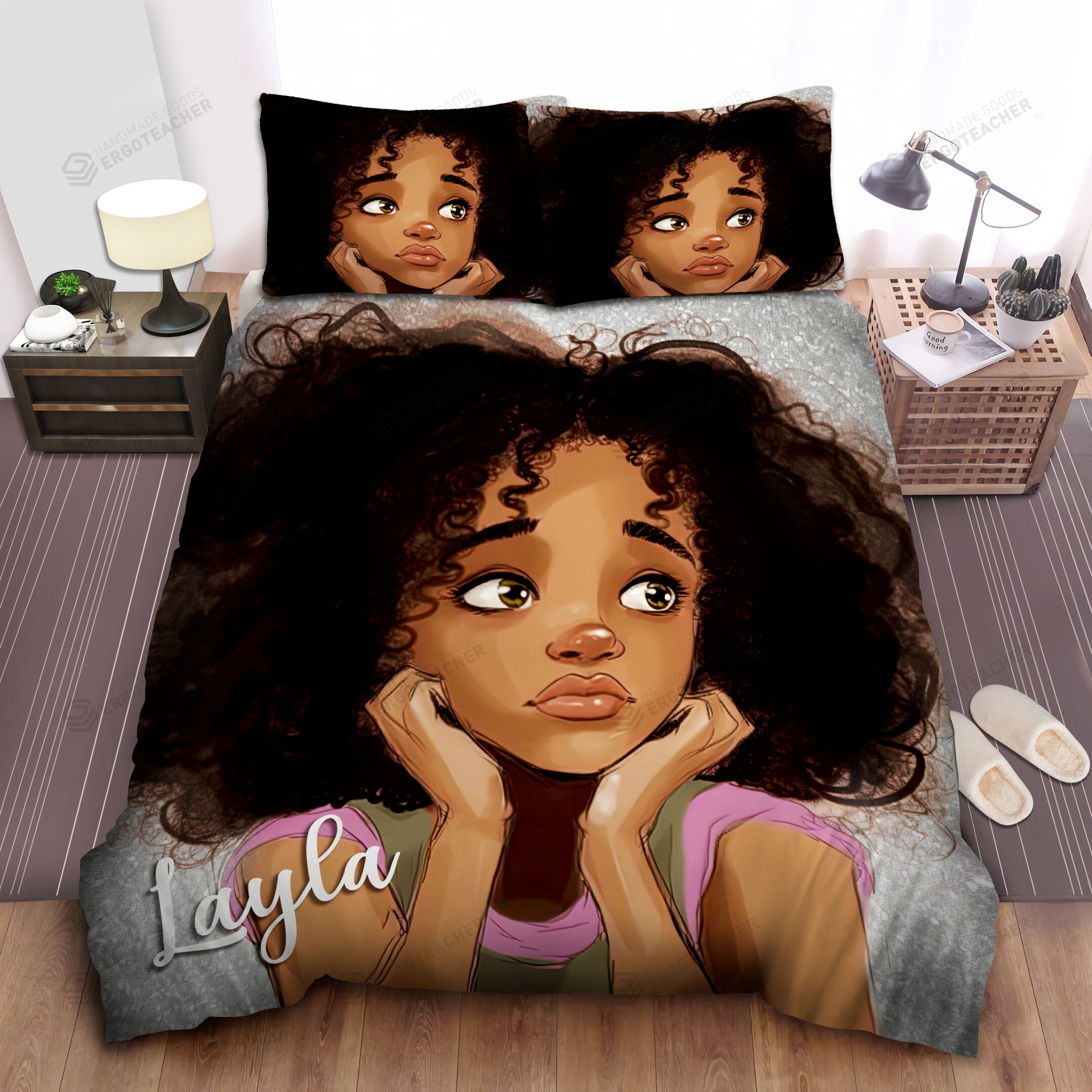 Personalized Black Little Girl With Big Brown Eyes Artwork Duvet Cover Bedding Sets