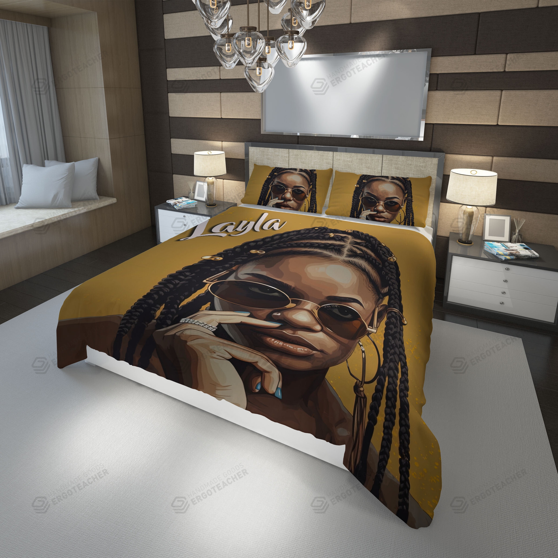 Personalized African American Black Pretty Hair Girl Wears Sunglasses Cover Bedding Set