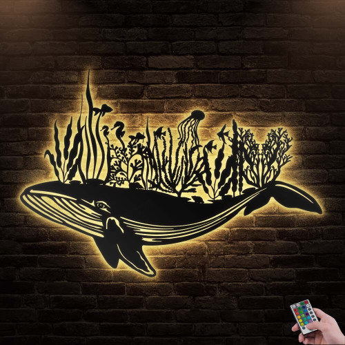 Whale In The Ocean Sea Metal Wall Art With Led Lights, Animals Name Sign Decoration For Room, Hobbies Outdoor Home Decor Gift