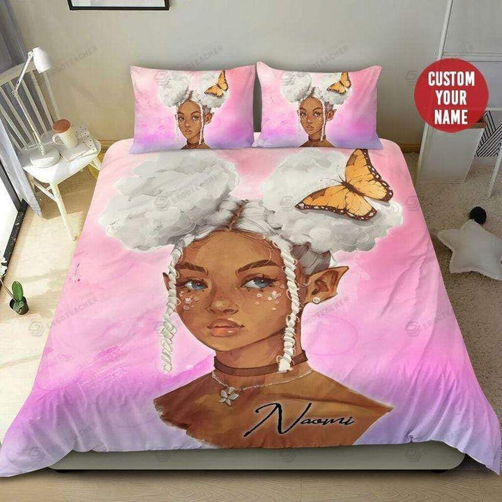 1black Girl White Hair Butterfly Custom Name Duvet Cover Bedding Set