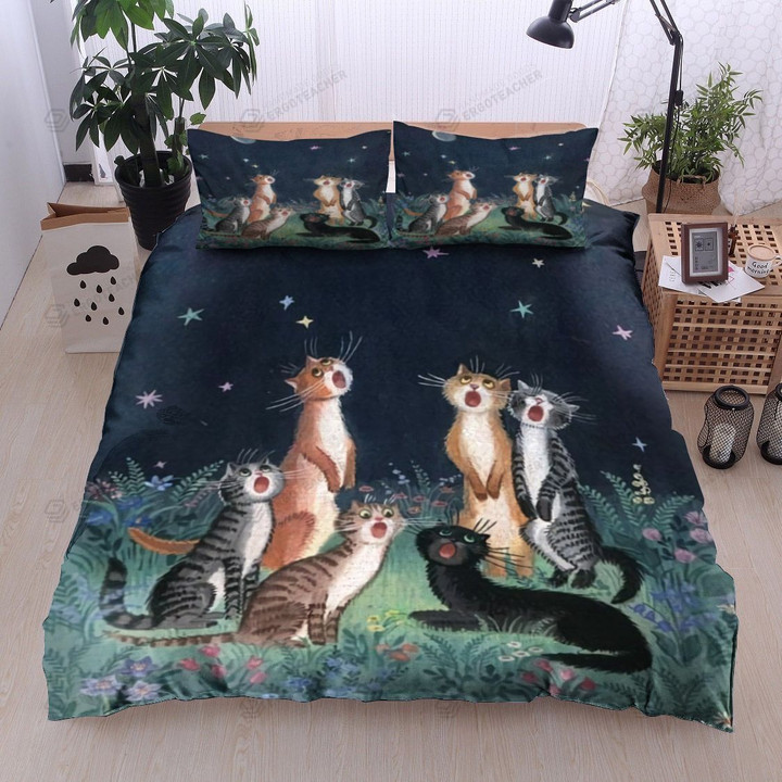 3D Adorable Cats Together At Night Cotton Bed Sheets Spread Comforter Duvet Cover Bedding Sets