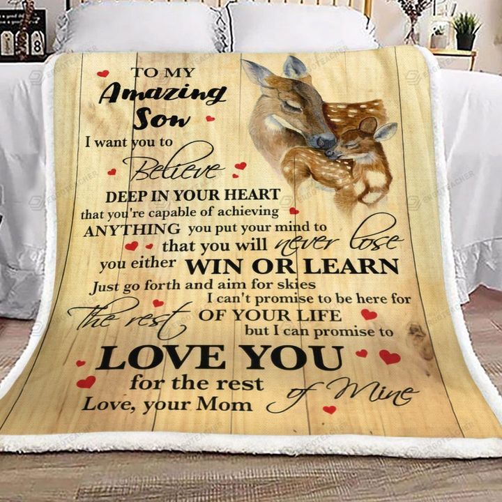 Personalized Deer Hug To My Amazing Son From Mom Sherpa Fleece Blanket  Achieving Anything You Put Your Mind To Great Customized Blanket Gifts For Birthday Christmas Thanksgiving