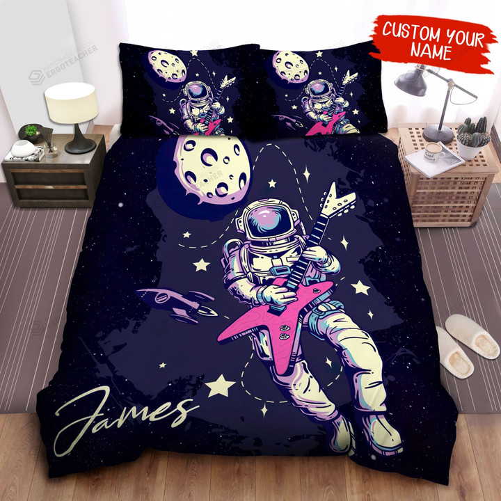 Personalized Astronaut Playing Electric Guitar On The Moon Bed Sheets Spread  Duvet Cover Bedding Sets