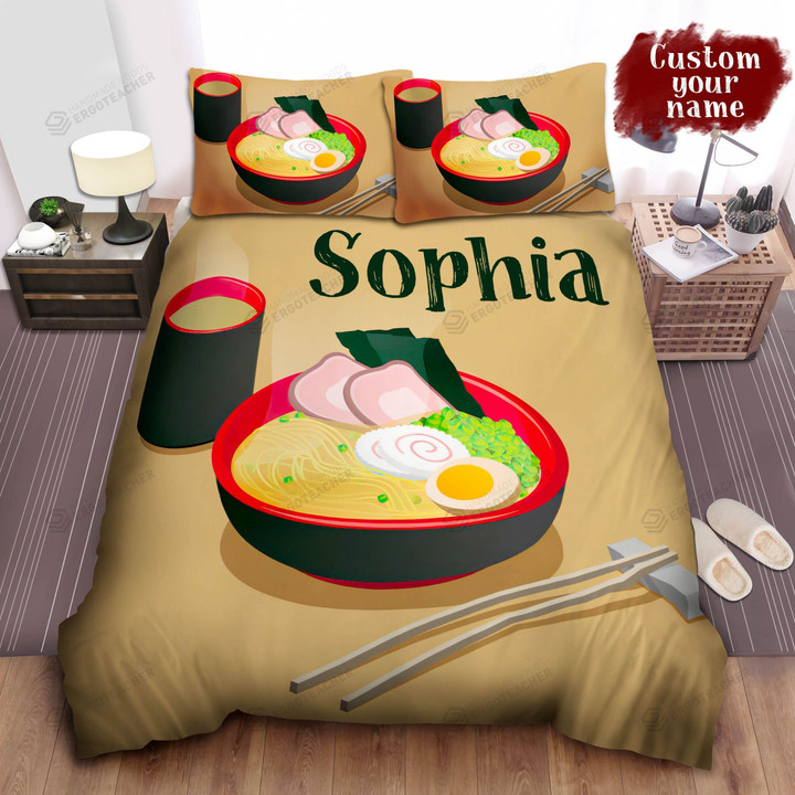 Personalized Bowl Of Ramen Chopsticks And Warm Cup Of Tea Illustration Bed Sheet Spread  Duvet Cover Bedding Sets
