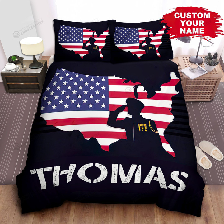 Personalized Veteran Shadow In Front Of Usa Flag Bed Sheets Spread  Duvet Cover Bedding Sets
