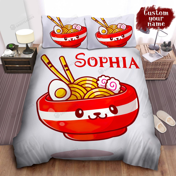 Personalized Bowl Of Ramen With Cute Face Illustration Bed Sheet Spread  Duvet Cover Bedding Sets