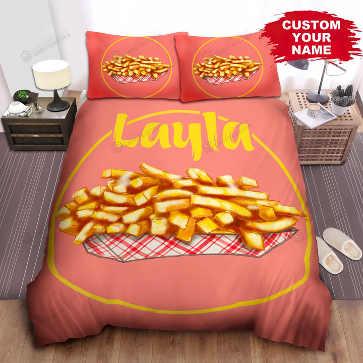 Personalized Delicious French Fries Illustration On Pink Background Bed Sheet Spread  Duvet Cover Bedding Sets