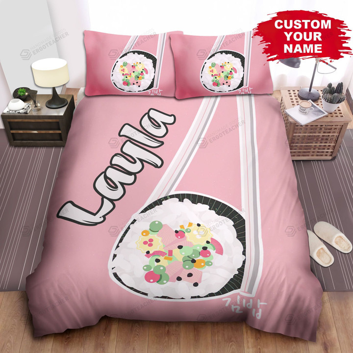 Personalized Tasty Sushi Illustration On Pink Bed Sheet Spread  Duvet Cover Bedding Sets