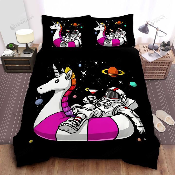 Astronaut Relaxing On Unicorn Swim Ring In Outer Space Illustration Bed Sheets Spread  Duvet Cover Bedding Sets