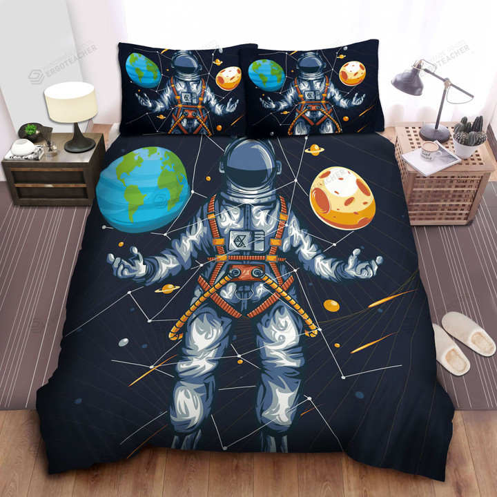 Astronaut Between The Earth And The Moon Illustration Bed Sheets Spread  Duvet Cover Bedding Sets