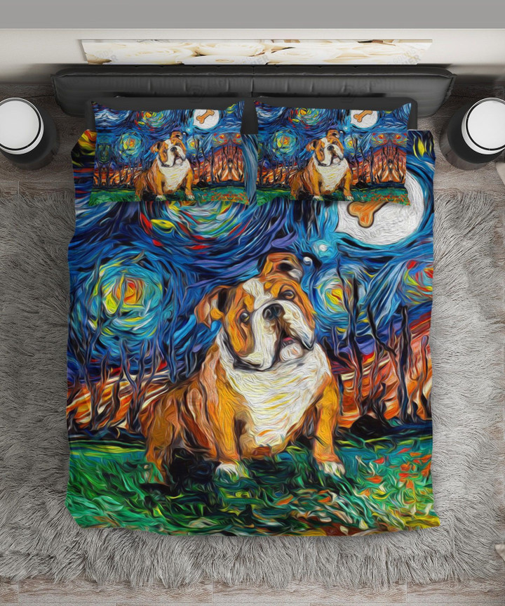 Bulldog Starry Night Painting Bed Sheets Spread  Duvet Cover Bedding Sets