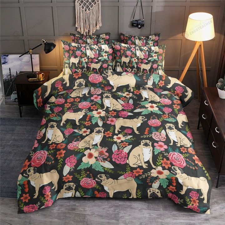 Pug Dogs Flowers Pattern  Bed Sheets Spread  Duvet Cover Bedding Sets