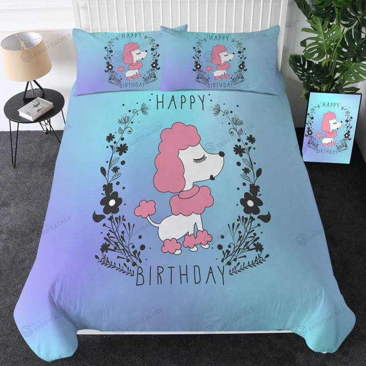 Pink Poodle Happy Birthday  Bedding Set Bed Sheets Spread  Duvet Cover Bedding Sets