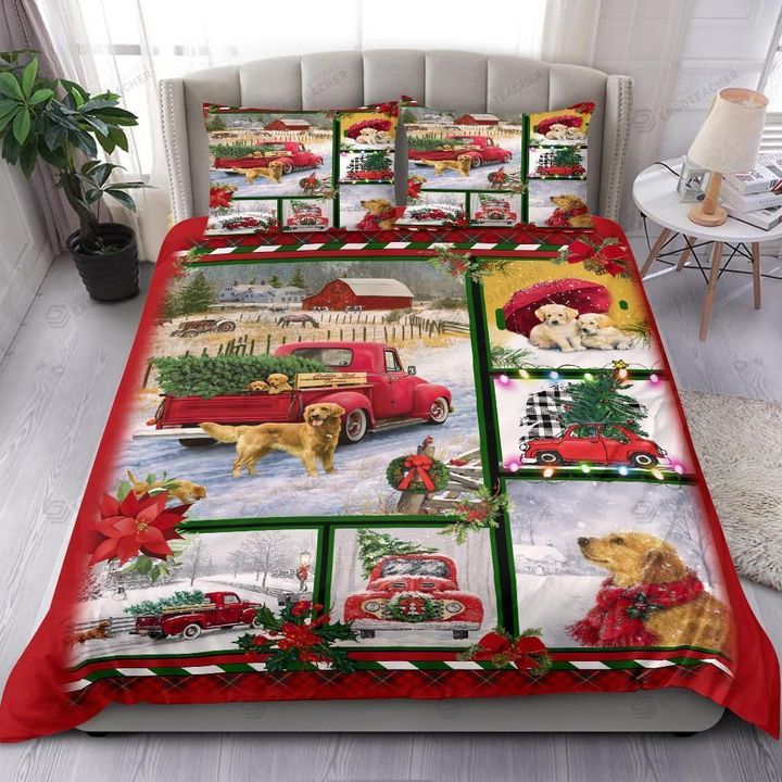 Golden Retriever Red Truck Christmas Bed Sheets Spread  Duvet Cover Bedding Sets