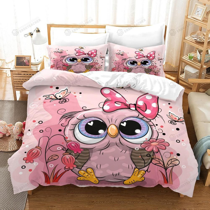 3D Pink Floral Butterfly Owl Bed Sheets Duvet Cover Bedding Set