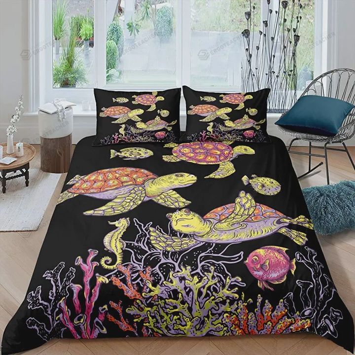 Sea Turtle Black Bed Sheet Duvet Cover Bedding Sets