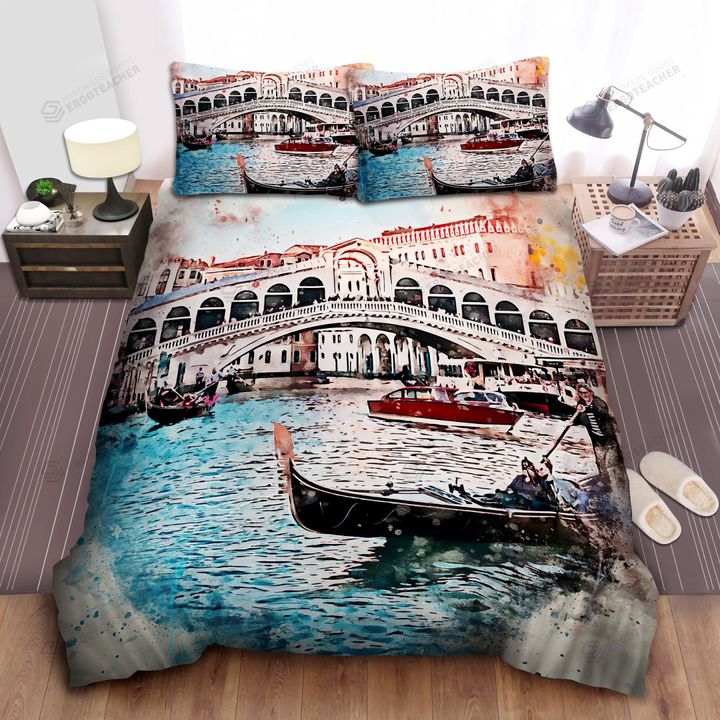 Rialto Bridge Venice In Watercolour Bed Sheets Spread  Duvet Cover Bedding Sets