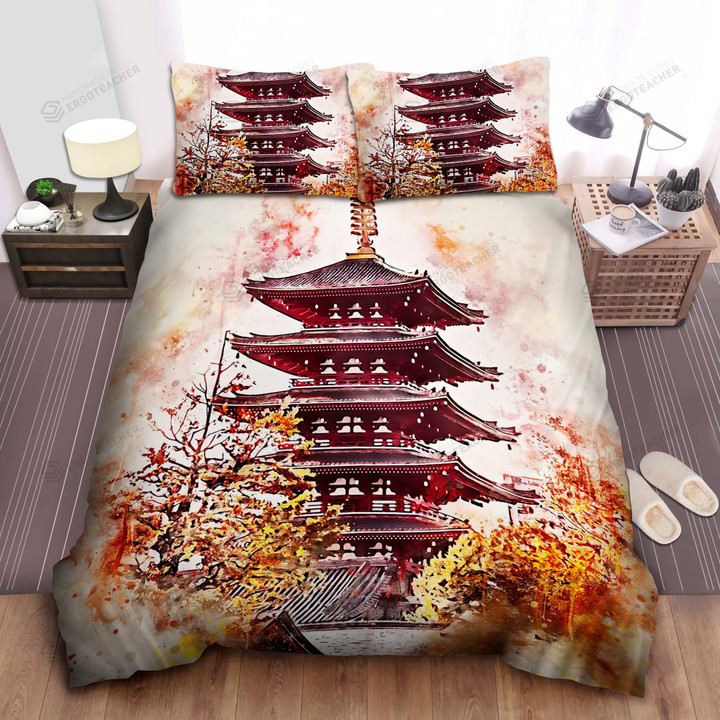 Sensoji Temple Tokyo In Watercolour Bed Sheets Spread  Duvet Cover Bedding Sets