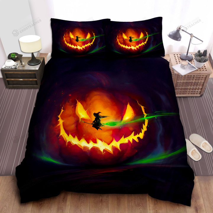 Witch Flying Around The Evil Pumpkin Bed Sheets Spread  Duvet Cover Bedding Sets