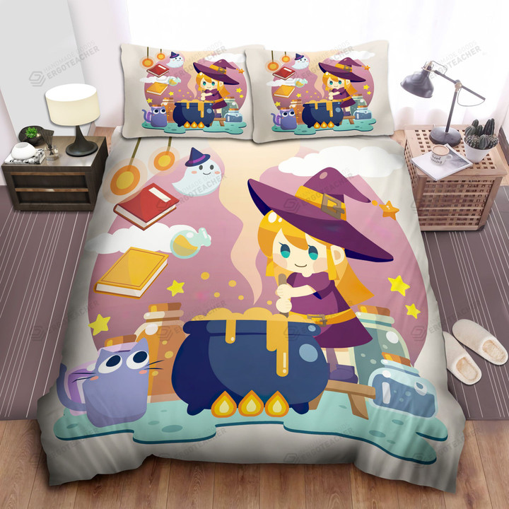 Little Witch Stirring The Cauldron Cartoon Bed Sheets Spread  Duvet Cover Bedding Sets