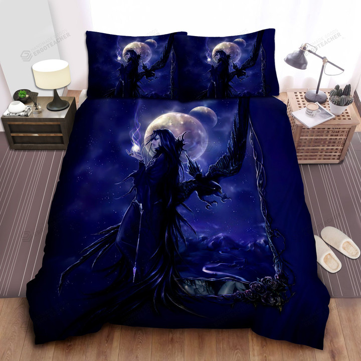Powerful Witch And The Crow Under The Moon Bed Sheets Spread  Duvet Cover Bedding Sets