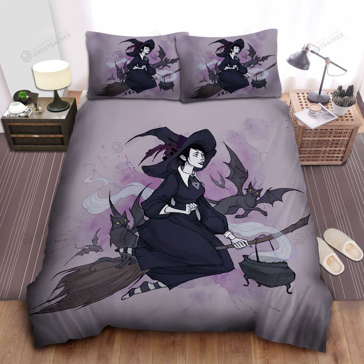 Witch Riding Magic Broom With Black Cats With Wings Bed Sheets Spread  Duvet Cover Bedding Sets