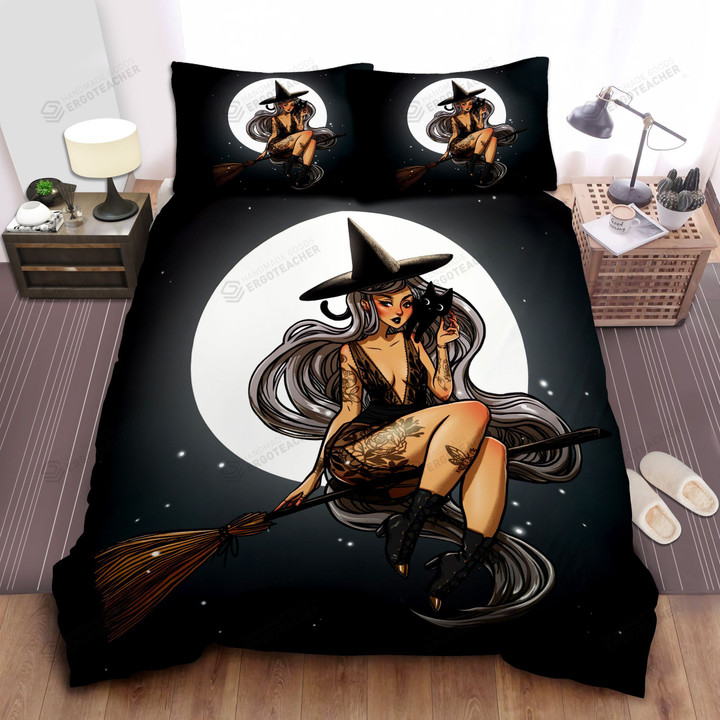 Tattooed Witch Sitting By The Moon With The Black Cat Bed Sheets Spread  Duvet Cover Bedding Sets