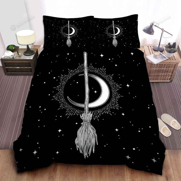 Witch Broom And Moon Black & White Bed Sheets Spread  Duvet Cover Bedding Sets