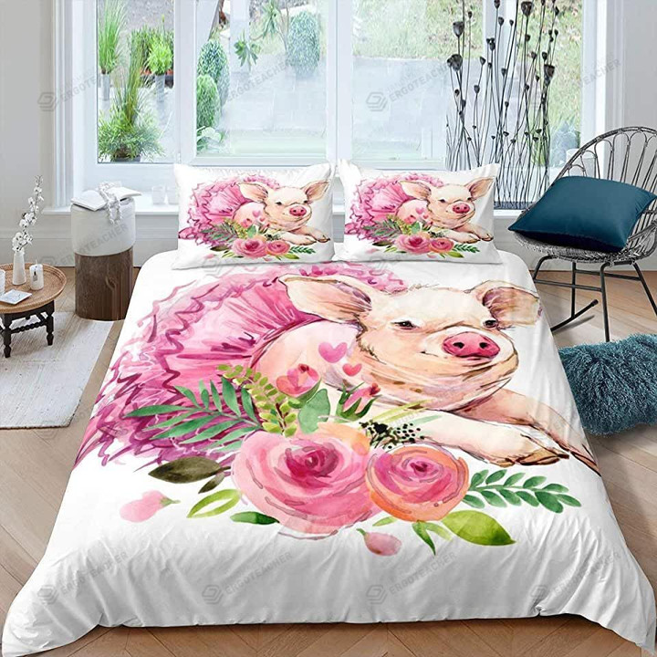 Pig With Floral Painting Pattern Bed Sheet Duvet Cover Bedding Sets