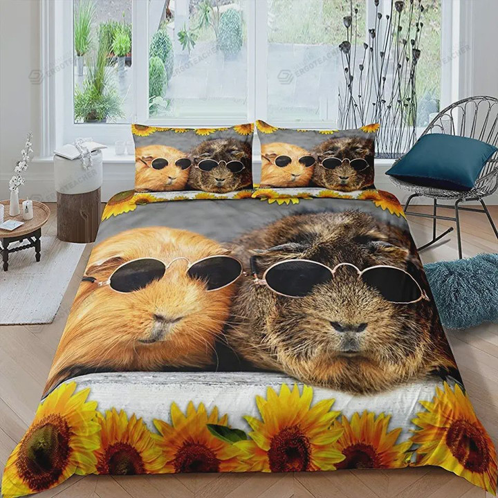 Guinea Pigs With Sunglasses Sunflower Bed Sheet Duvet Cover Bedding Sets