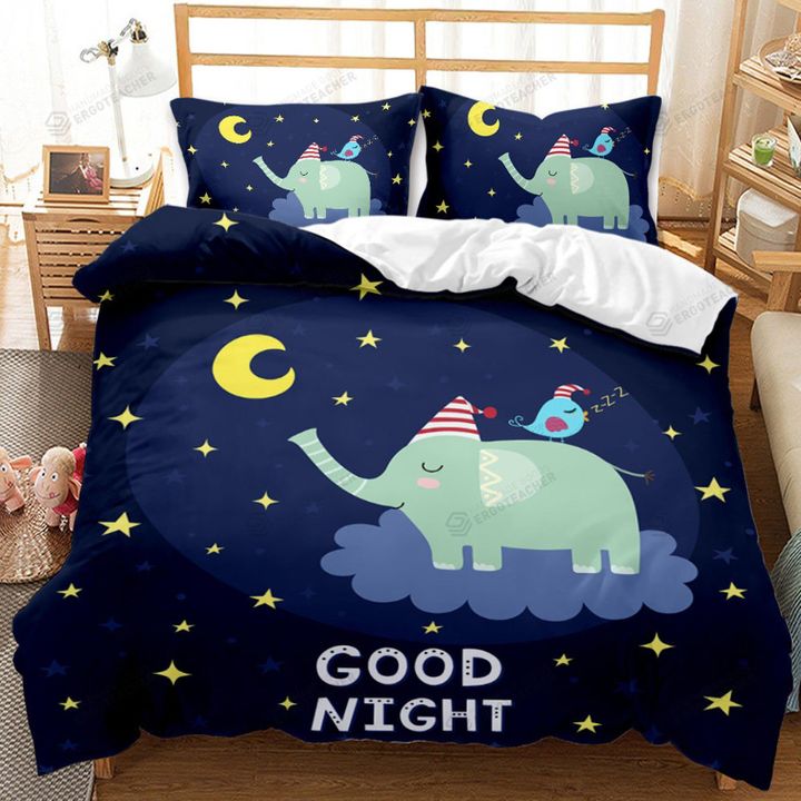 Cute Elephant Cartoon Print Good Night Bed Sheets Duvet Cover Bedding Sets