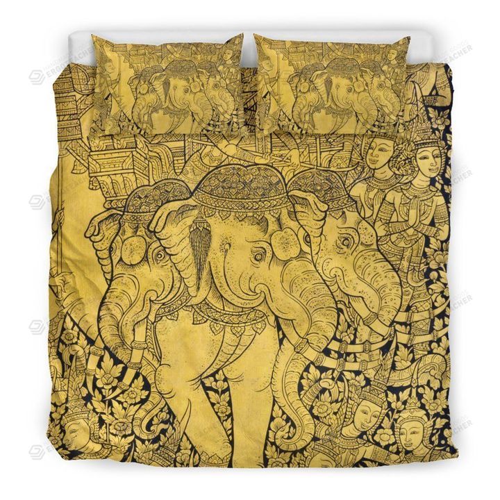 Thai Golden Elephant Print Bed Sheets Duvet Cover Bedding Sets