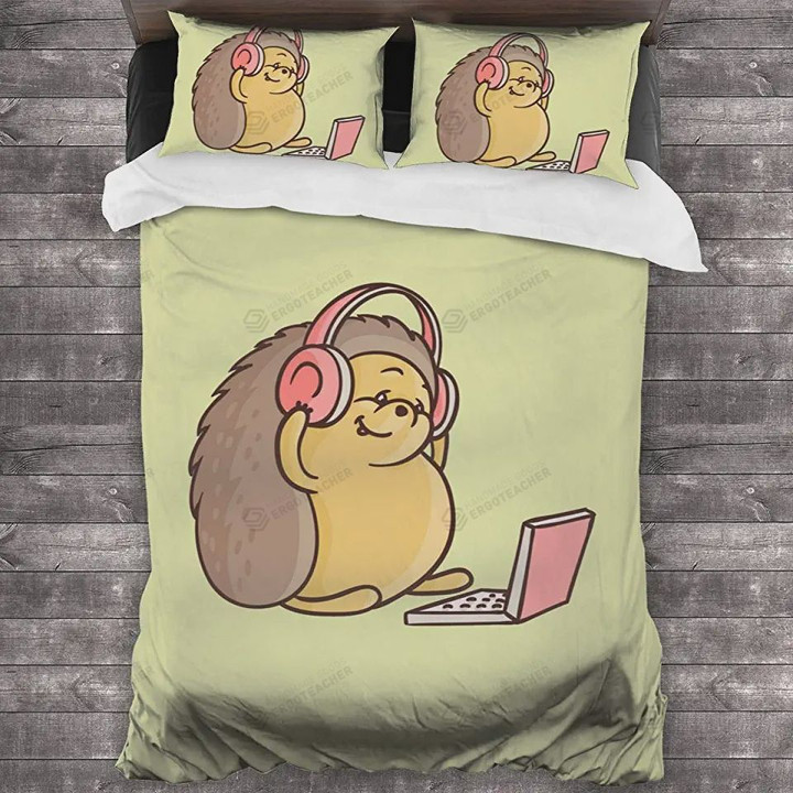 Hedgehog Listening Music With Laptop Bed Sheets Duvet Cover Bedding Sets